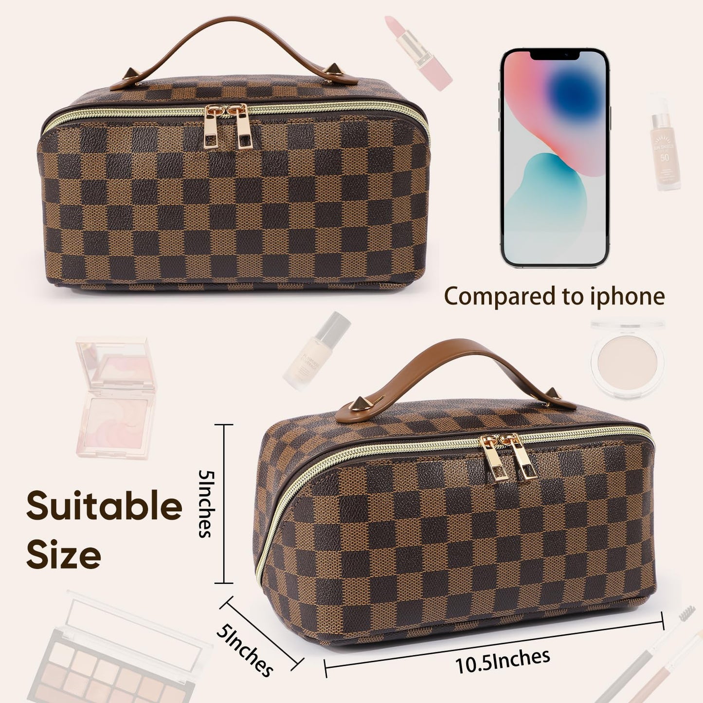 BAYANKALA Leather Travel Makeup Bag, Large Capacity Cosmetic Bag for Women, Waterproof Portable Pouch with Divider, Toiletry Organizer with Handle, 10.5x5x5 Inches, Deep Brown