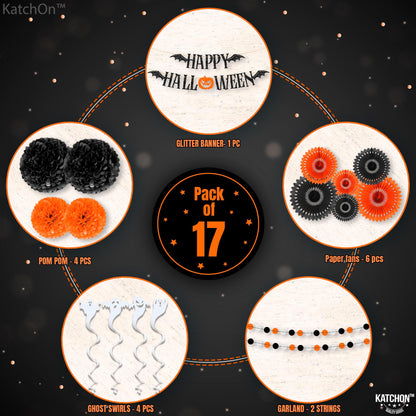 KatchOn, Halloween Decoration Bundle – 71 Pack Hanging Halloween Set with Banner, Garlands, Ghost Swirls, Pumpkins And Orange And Black Decoration Set with Fringe Backdrop And Balloon Arch Kit