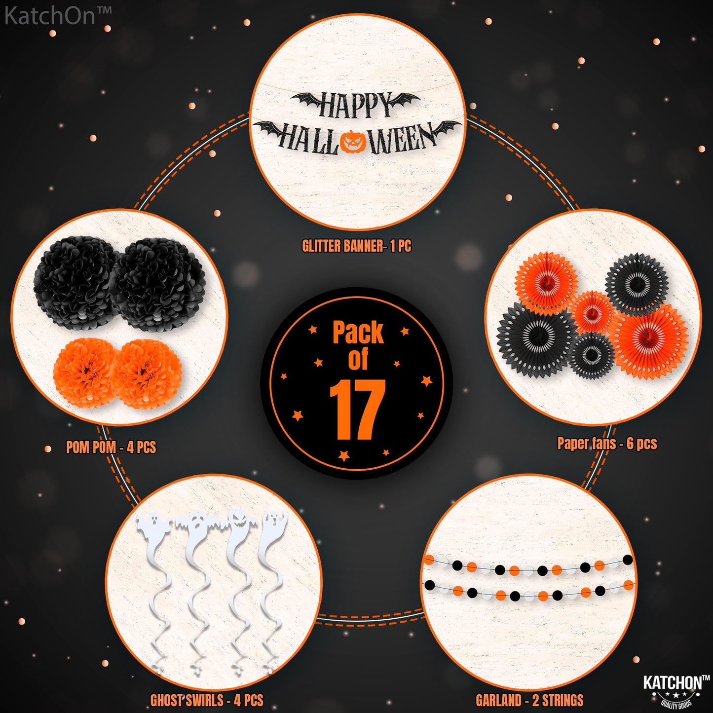 KatchOn, Halloween Banner & Fringe Set-Pack of 23 | Paper Fan Glittery Happy Halloween Garlands, Ghost Hanging Swirls with Paper Lanterns & Honeycomb Set | Perfect for halloween Party.