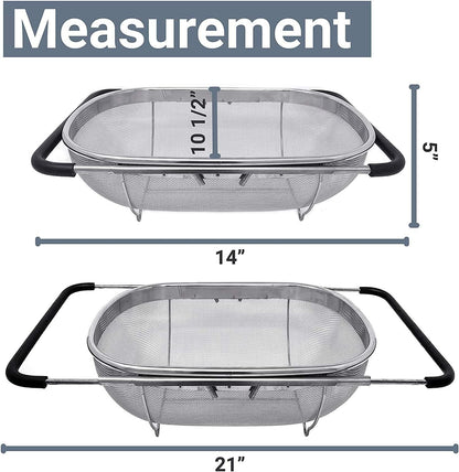 Makerstep Over the Sink Colander Strainer Basket Stainless Steel, For Kitchen Sink with Rubber Grip, Fine Mesh, Large Kitchen Gadgets Tools, Expandable Home Kitchen Essentials