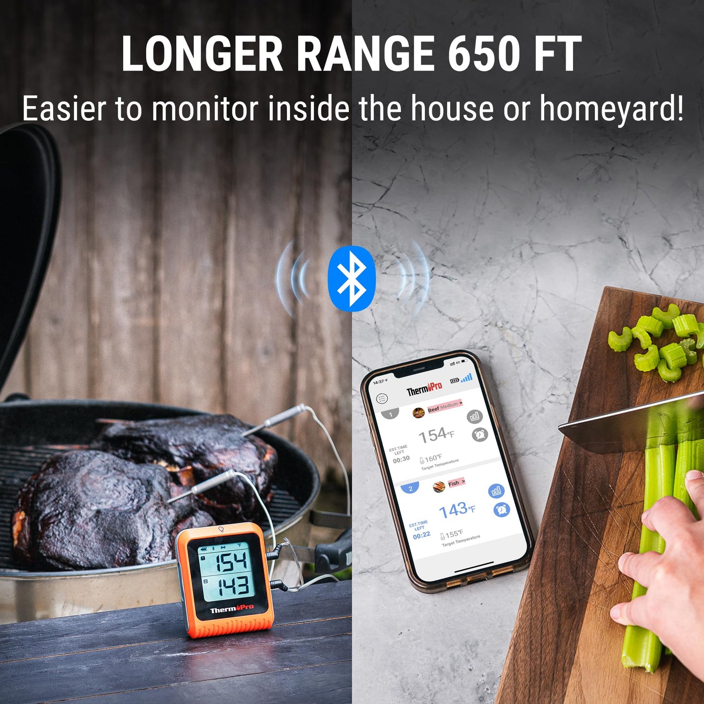 ThermoPro 650 ft Wireless Meat Thermometer Digital for Grilling and Smoking, 2 Probes Bluetooth Meat Thermometer for Cooking Turkey Fish Beef, Rechargeable Smoker Accessories for BBQ Oven