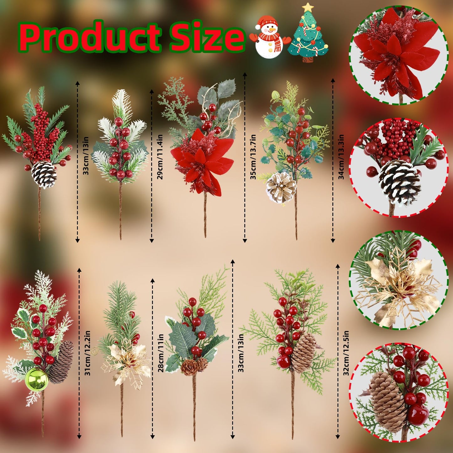 Morofme 8pcs Pines Cones Red Berry Stems Picks Christmas Pinecones Berry Faux Red Holly Berry Pine Cones Christmas Picks and Sprays Picks Artificial Pine Branches Holly Stem for Holiday Wreath Garland