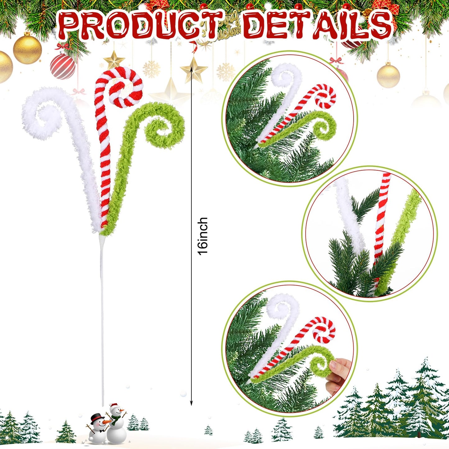 White Red and Green Christmas Tree Decor 16" Candy Cane Tree Pick Lime Green Xmas Topper Ornament Curly Stem Large Lollipop Branch Stick Elf Pick Spray for Home Wreath Vase Filler Craft Holiday Party