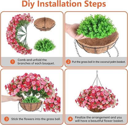 Florielle Artificial Hanging Faux Flowers Basket, Fake Silk Petunias Plants Arrangement,for Spring Summer Outdoor Decoration,UV Resistant, Morning Glorias,for Home Garden Decor (Dark Pink&White)