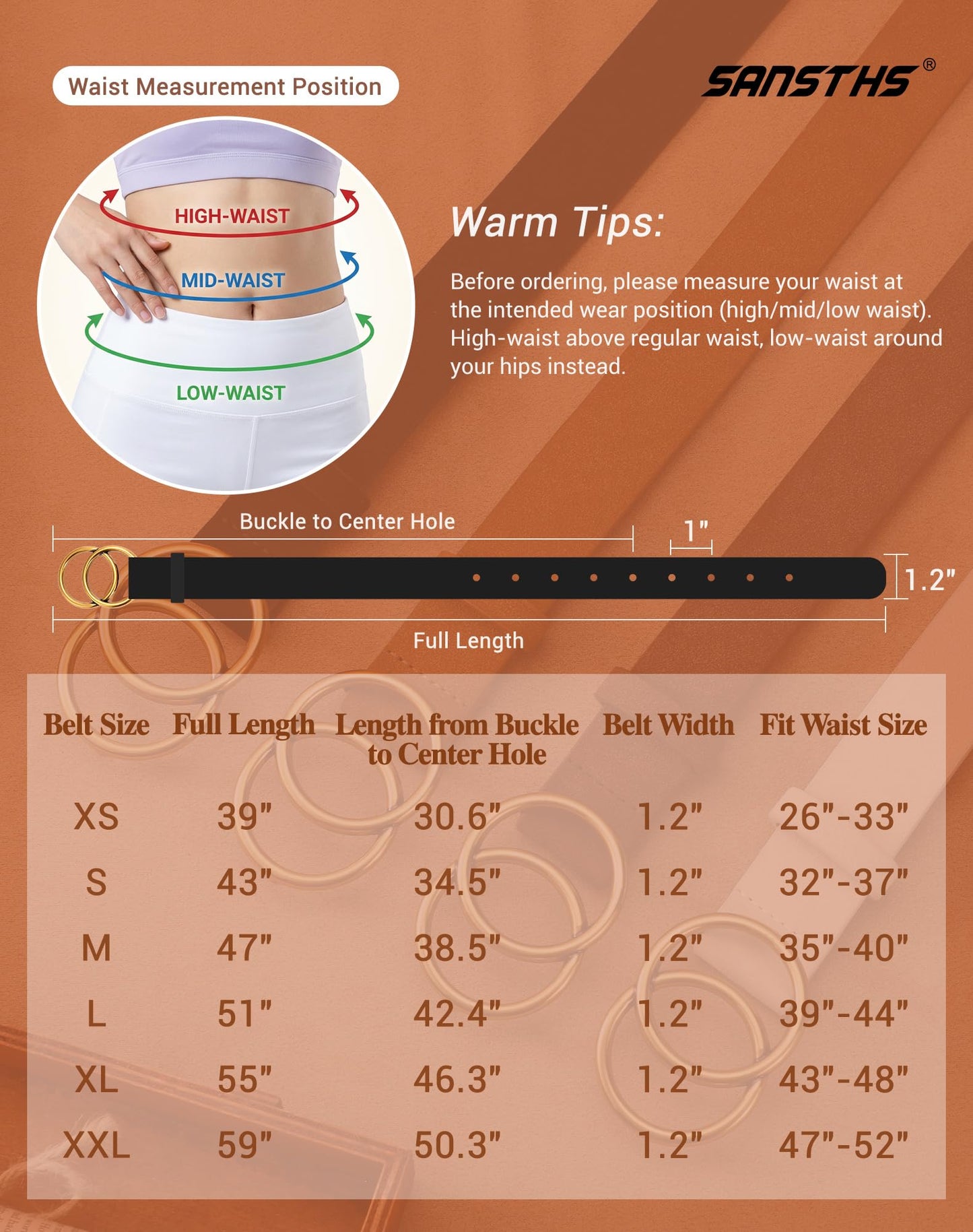 SANSTHS 3 Pack Women Waist Belts for Jeans Pants Dresses, Ladies Belt with Double O-Ring Gold Buckle, Black+Brown+Beige L