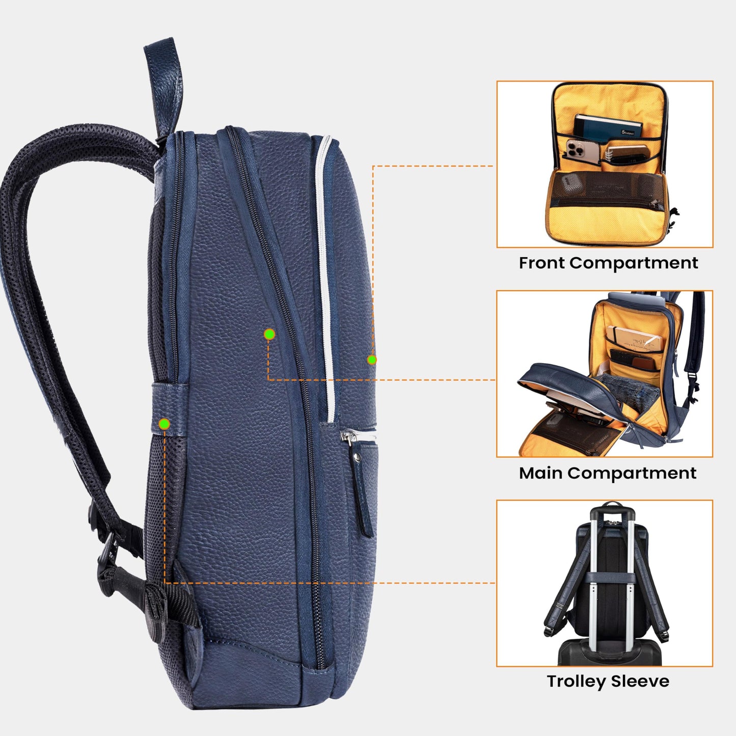 LEATHER VILLAGE Leather Laptop Backpack for Men | Blue | Slim Professional Business Bag Fits 15.6”-Laptop | Water-Repellent Work & Travel Daypack with Trolley Strap