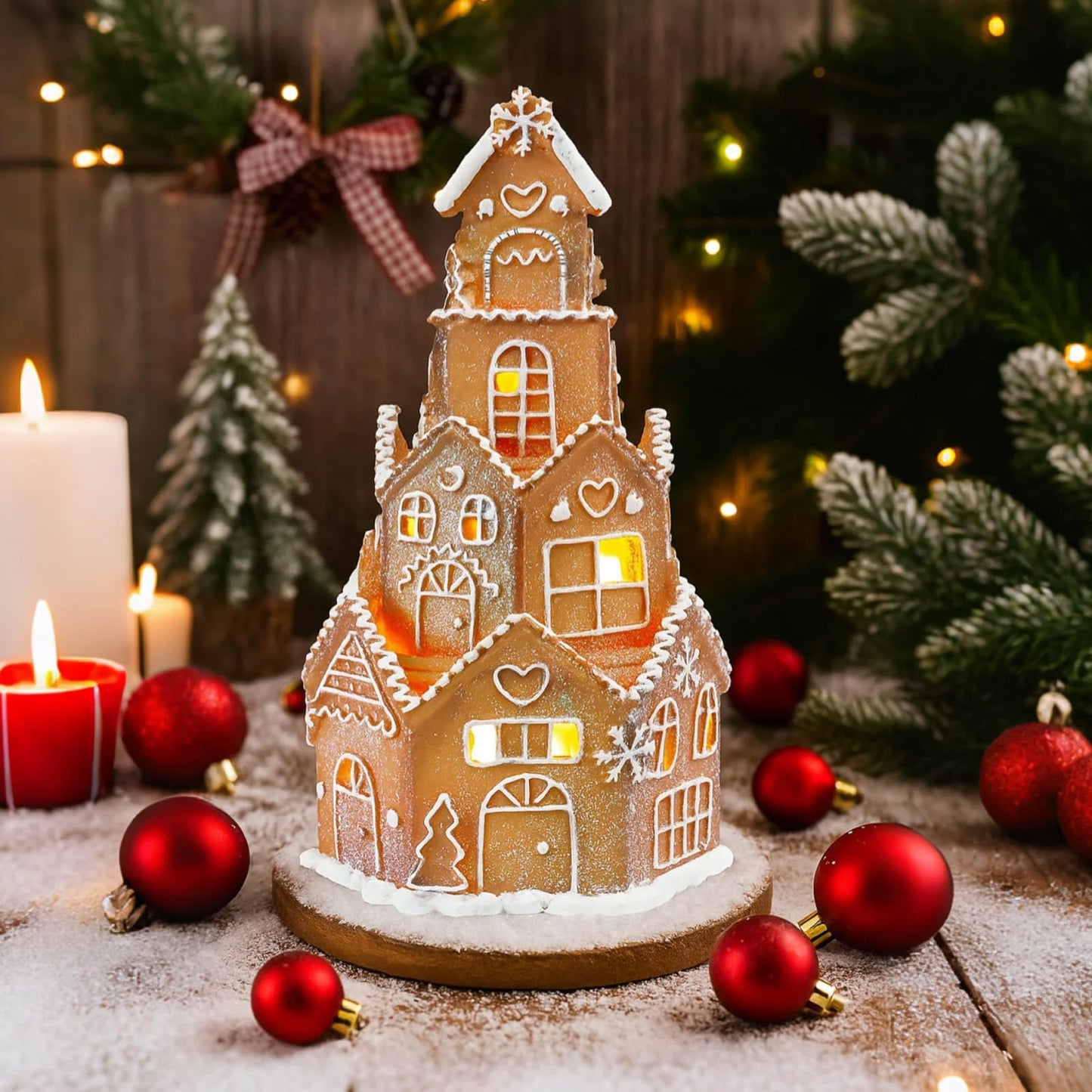 Beeveer LED Christmas Gingerbread House Decoration Resin Christmas Gingerbread Village Sets Xmas Village Collectible Figurines Home Decor Gifts 5 x 5 x 8.25 Inch