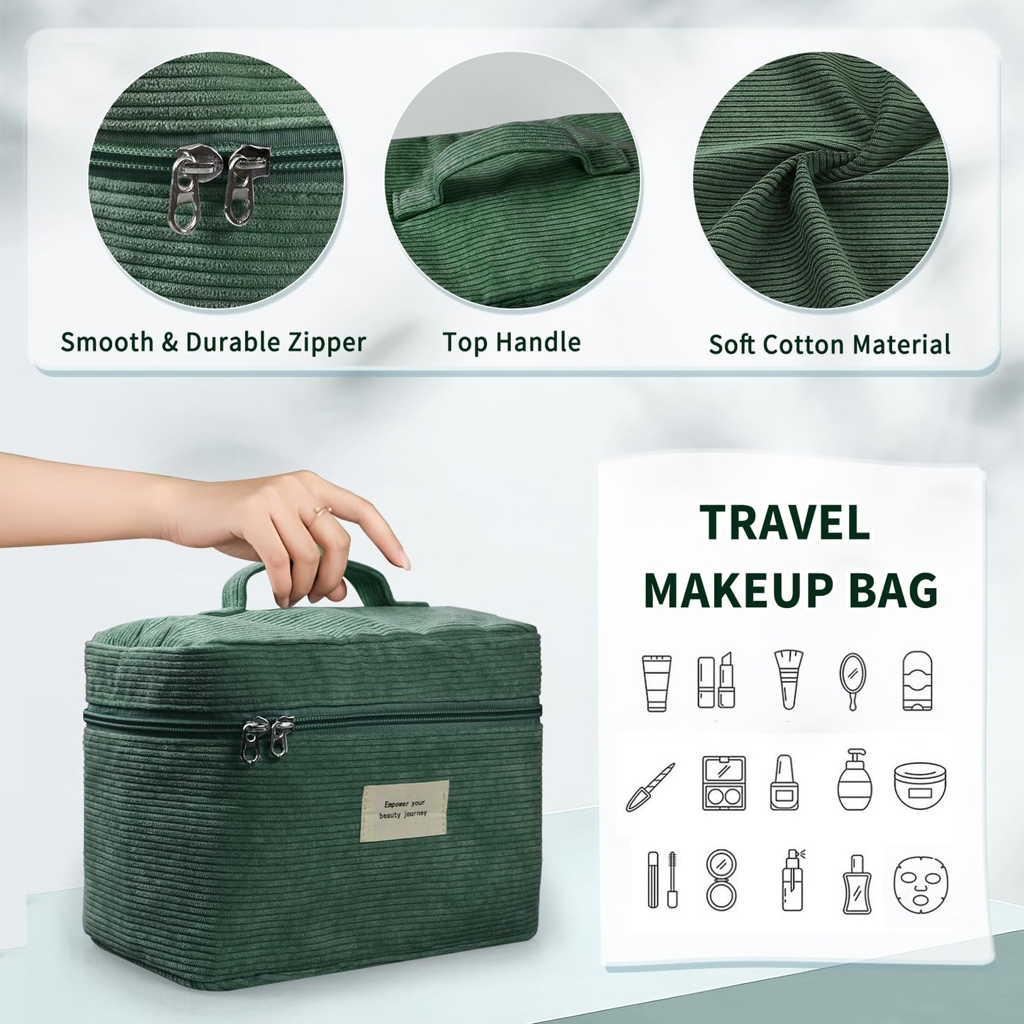LVWNM 4 Pcs Makeup Bag for Women Corduroy Cosmetic Bag Aesthetic Cute Bags Multi Size Purse Pouch Travel Toiletry Bag Set Makeup Organizer with Zipper(Green)