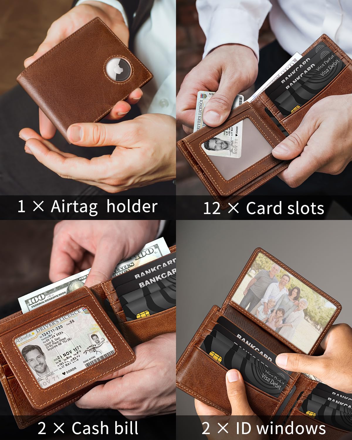 Mens Wallet with AirTag holder,Genuine Leather Bifold Wallets for Men RFID Blocking With 2 ID Window and 12 Cards Holders Gift Box (Coffee Brown)