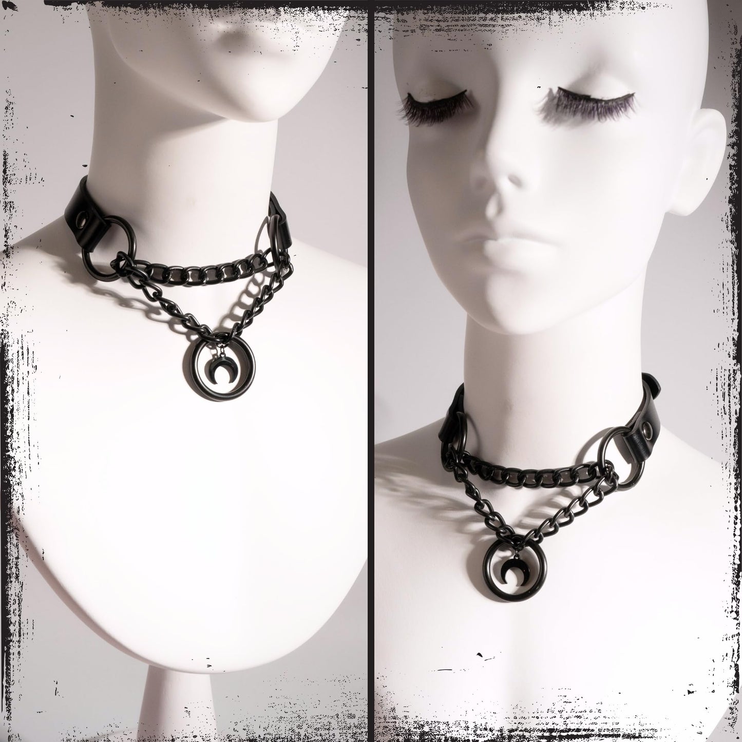 ADEMISHIA Black Gothic Chain Choker with O-ring and Moon Pendant, Punk Grunge Emo Leather Necklace For Women