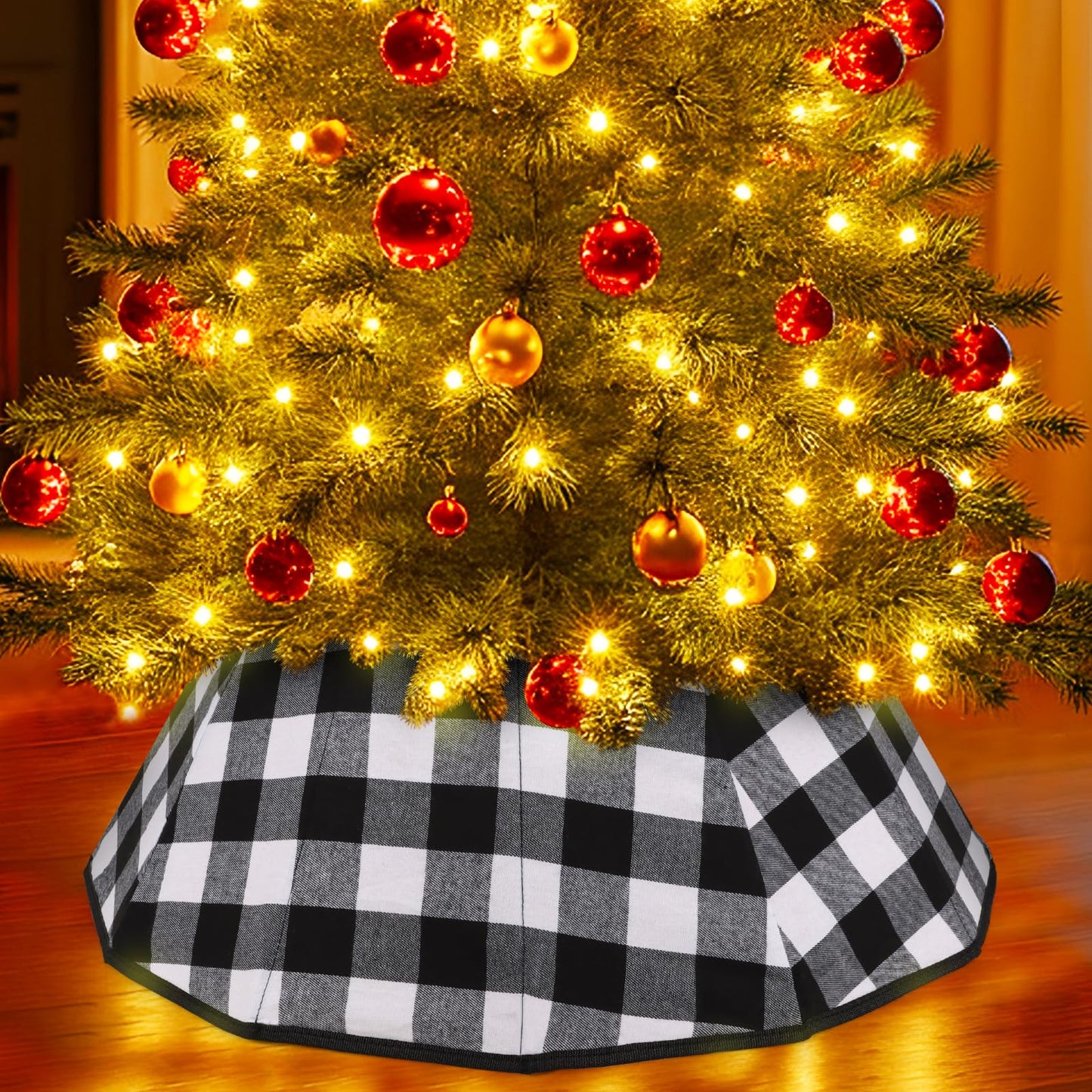 Christmas Tree Collar Velvet Folable Black White Buffalo Plaid Christmas Tree Ring Tree Skirt for Christmas Holiday Tree Decoration