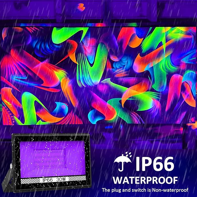 30W Black Lights, 2 Pack LED Blacklight Flood Light with Plug, IP66 Waterproof Black Lights for Glow Party, Glow in The Dark, Stage Lighting, Body Paint, Fluorescent Poster, Neon Glow