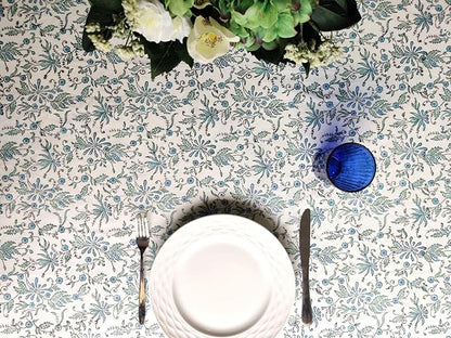 ATOSII Aster Blue 100% Cotton Rectangle Boho Fall Tablecloth, Handblock Floral Table Cloth Linen for Kitchen Dining I Parties Wedding Outdoors Christmas Thanksgiving I Fall Home Decor 60 X 108 Inches