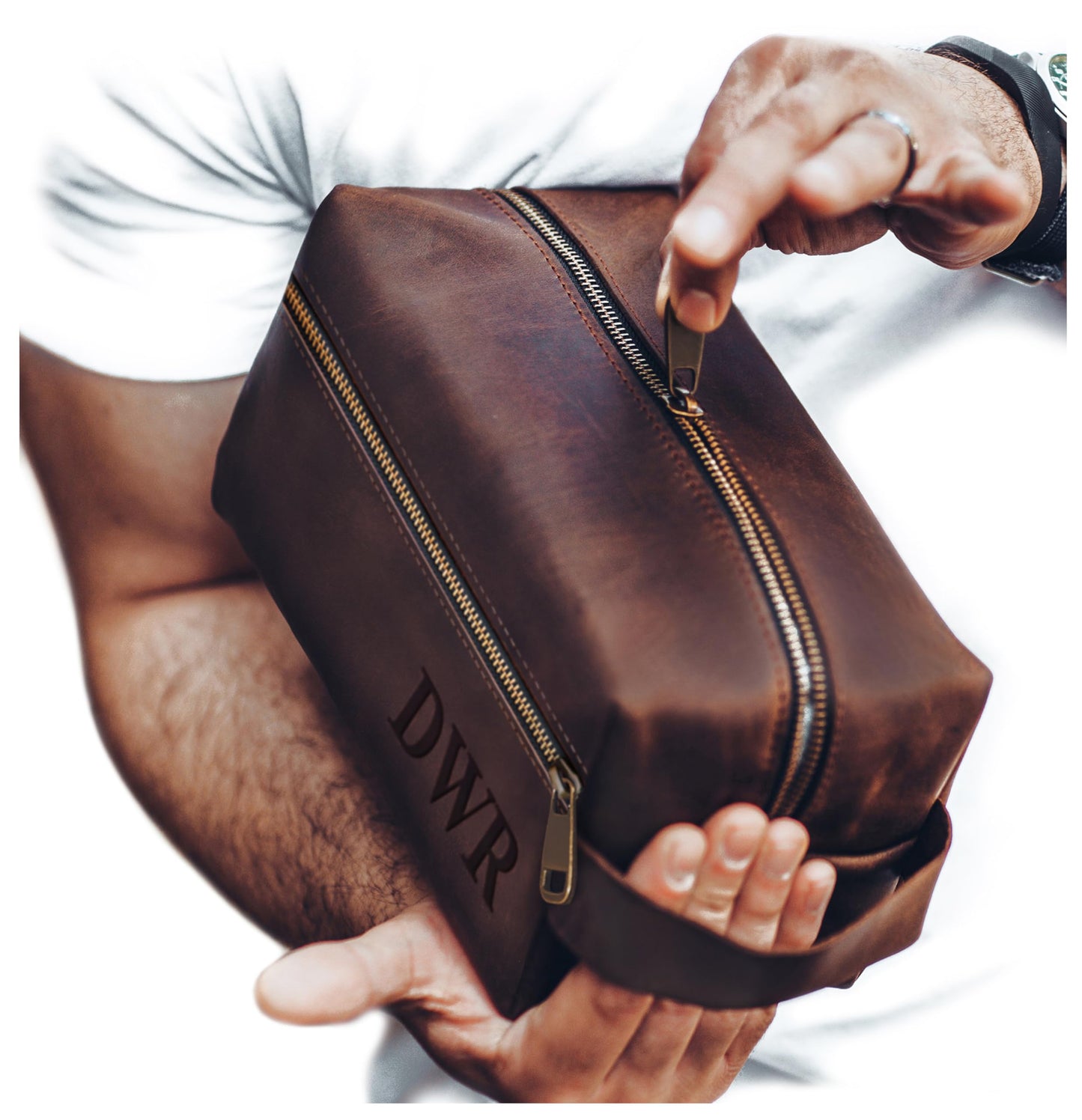 Mens Waterproof Toiletry Bag – Crafted in USA – Ideal Gift for Husband, Dad, Groomsmen, Boyfriend & Friend – Genuine Leather Toiletry Bag Customized Name or Initials – Personalized Travel Bag for Men