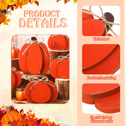 Thyle 5 Pcs Autumn Pumpkin Decor Fall Wooden Signs Autumn 3D Pumpkin Decor Fall Tabletop Decorations Rustic Farmhouse Tiered Tray Decorations for Home Block Sign Halloween Table Centerpieces