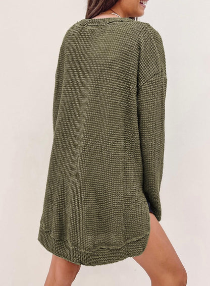 SHEWIN Fall Tops for Women 2026 Crewneck Oversized Sweatshirt Lightweight Waffle Knit Tunic Tops Casual Long Sleeve Shirts for Women,(US 8-10) M,Green