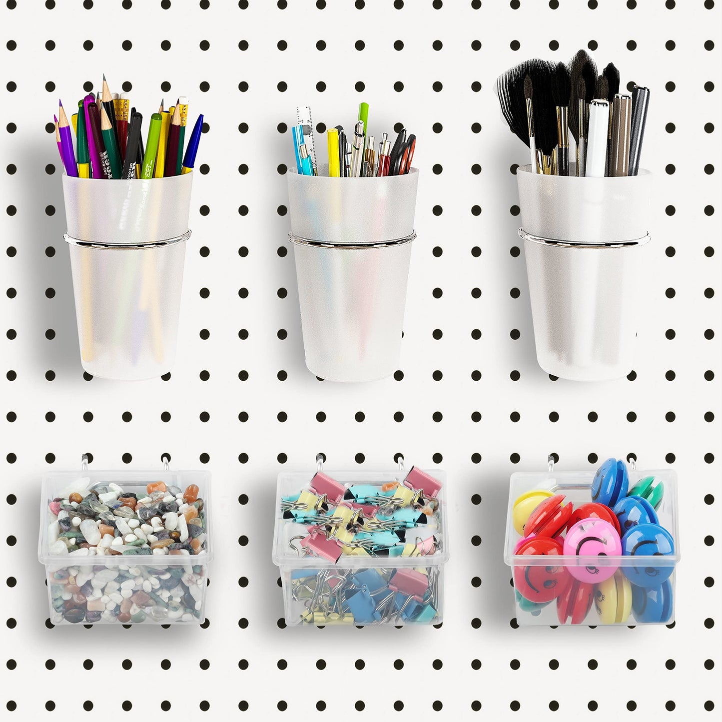 Kuhome 6 Sets Pegboard Bins and Cups with Pegboard Hooks, Pegboard Accessories Baskets, Hooks for Pegboard Cup Holder for Organizing Craft Tools Storage Garage Office Workbench Transparent