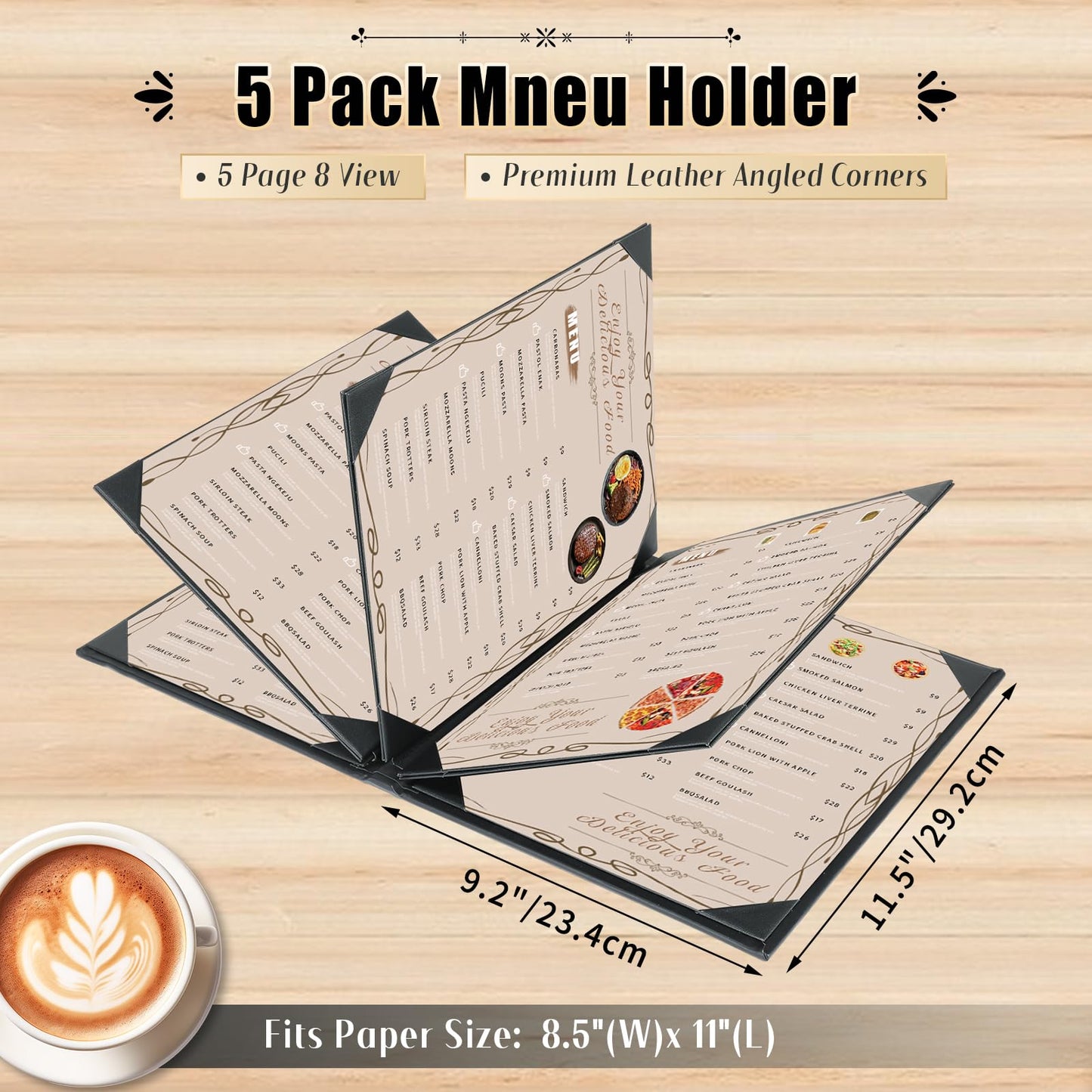 FLKQC Restaurant Menu Covers Holders 8.5 X 11, 5 Pack Synthetic Leather Menu Holder Covers Book Style with Angled Corners Black for Wine List, Certificate Organizer Diploma Holder (5 Page 8 View)