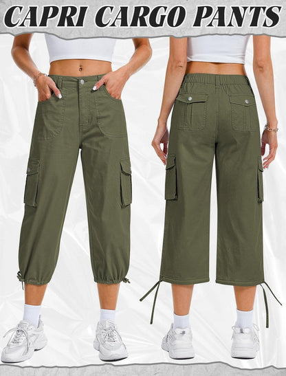 Eddoyee Cargo Capris for Women Pants Cotton Hiking Pants with 6 Pockets Elastic Waist Casual Summer Pants 2026