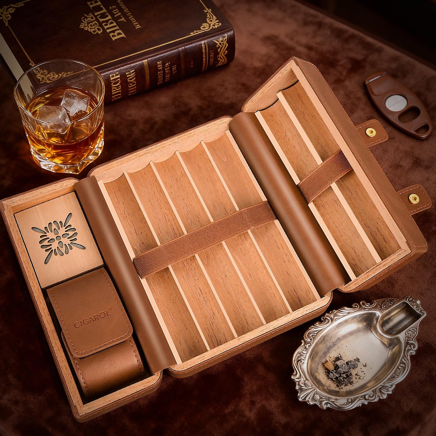 Cigarol Double Opening Travel Cigar Humidor, Leather Cigar Case with Cedar Wood Lining & Built-in Humidifier, Portable Cigar Storage Box, Luxury Cigar Gift for Men (Brown)