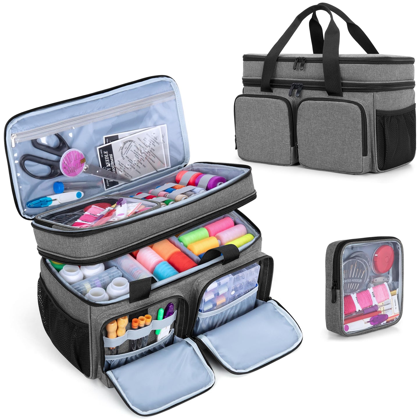 BAFASO Large Sewing Organizer Bag with an Individual Pouch and Detachable Dividers, 2 Layers Sewing Storage Bag for Sewing Supplies, Gray