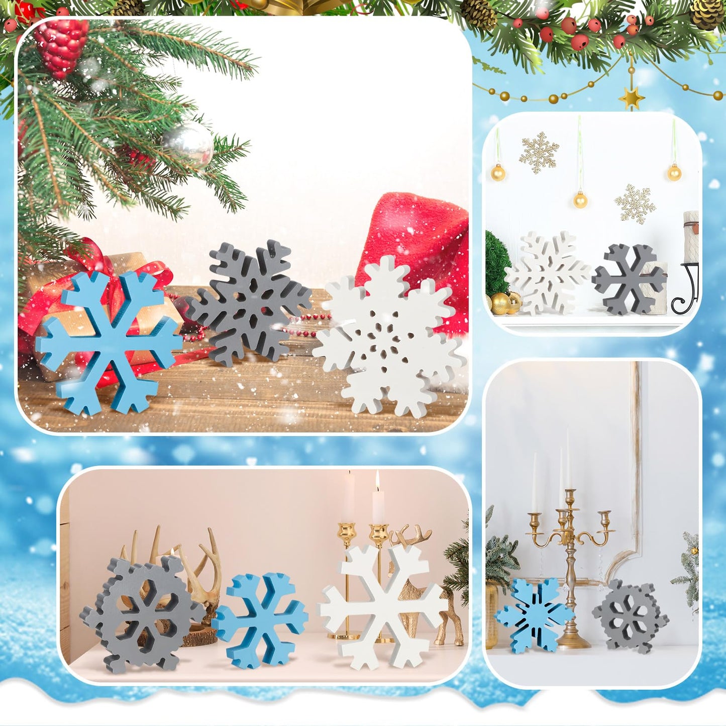 Kajaia 9 Pcs Winter Wooden Snowflake Decor Winter Wood Snowflake Block White Gray Blue Snowflakes Decorations Table Decor Christmas Standing Sign for Xmas Fireplace Mantel Home