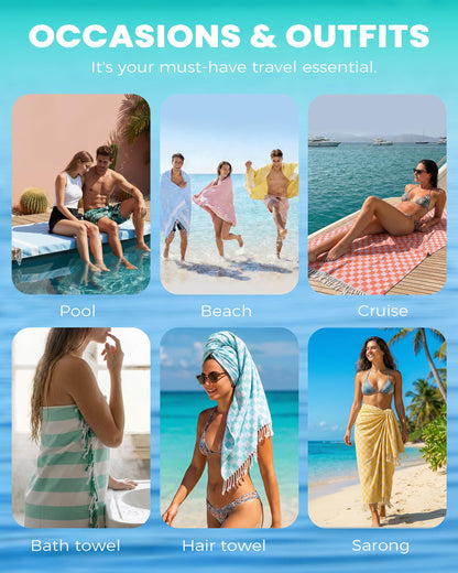 Antfuny 2 Packs Checkered Plaid Travel Towel Turkish Towel Beach Blanket Quick Dry Lightweight Hawaii Summer Vacation Necessities Europe Costa Rica Florida Trip Essentials Airplane Accessories Flight