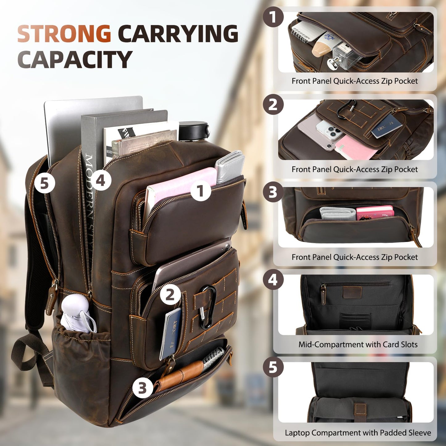 Full Grain Leather Backpack for Men, 17” Laptop Shoulder Bag, Large Capacity Travel Business Rucksack with YKK Zippers, Ergonomics S-Shape Padded Straps, Multi Pockets, Water Bottle Pocket, Brown