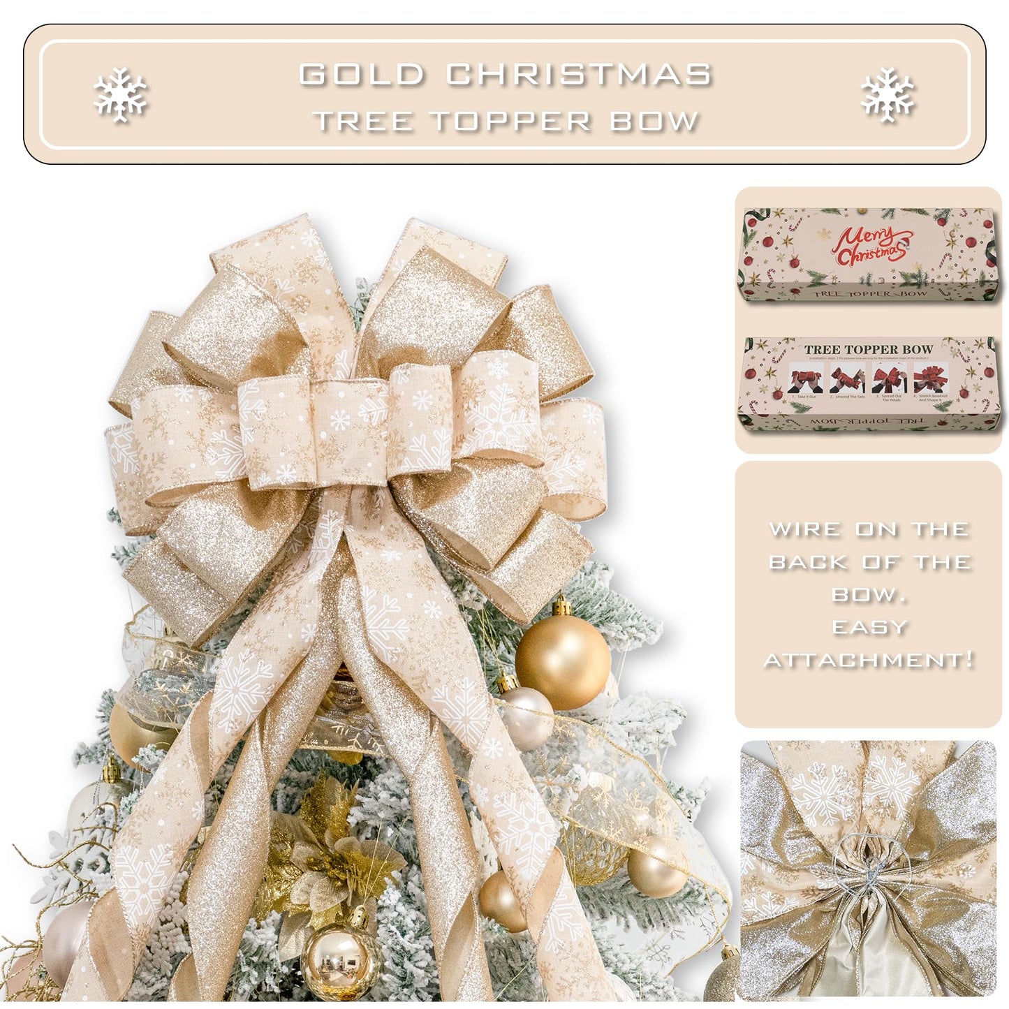 Hismir Christmas Tree Topper Bow，53x14 Inches Large Christmas Bow with Glitter Streamer and Patterned Ribbon，Decorative Bows for Xmas Tree Wreath Door Festival Home Decor(Champagne Gold Snowflake)