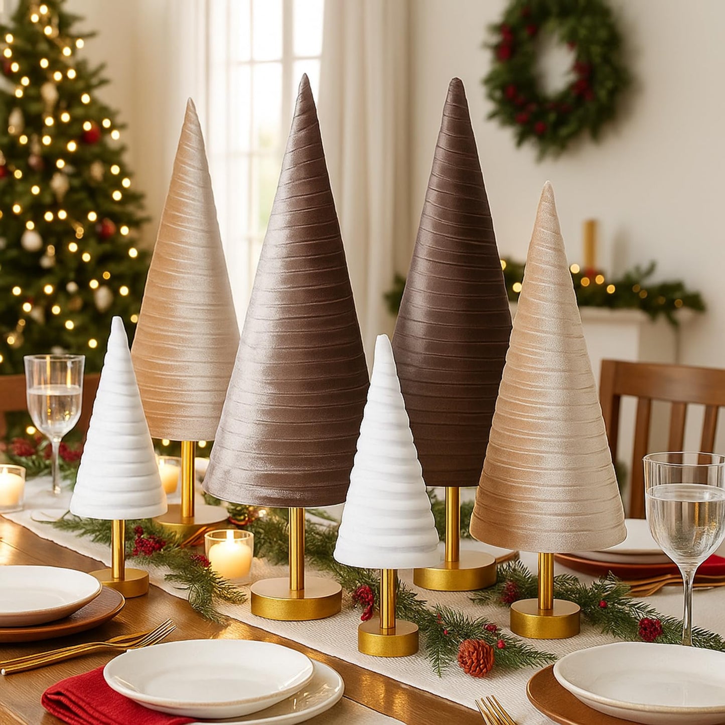 Hoolerry 6 Pcs Christmas Velvet Trees with Gold Pedestal Christmas Velvet Cones Tree Mantel Decor Modern Rustic Winter Home Minimalist for Holiday Entryway Table Wedding Centerpiece(Gold Brown)