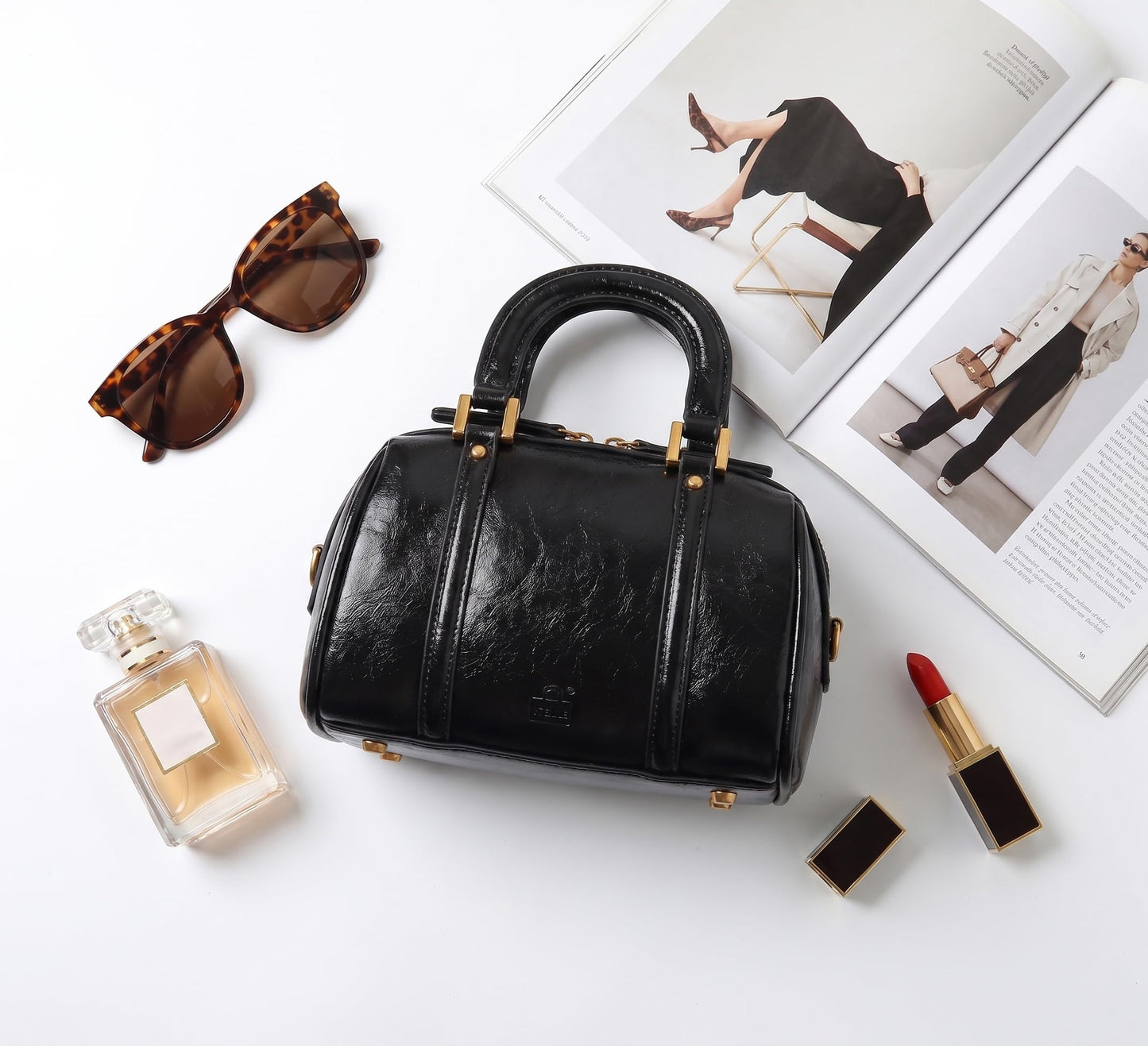 Women's handbag Boston bucket bag single shoulder top handle bag Fashion designer crossbody bag crossbody bag (black)
