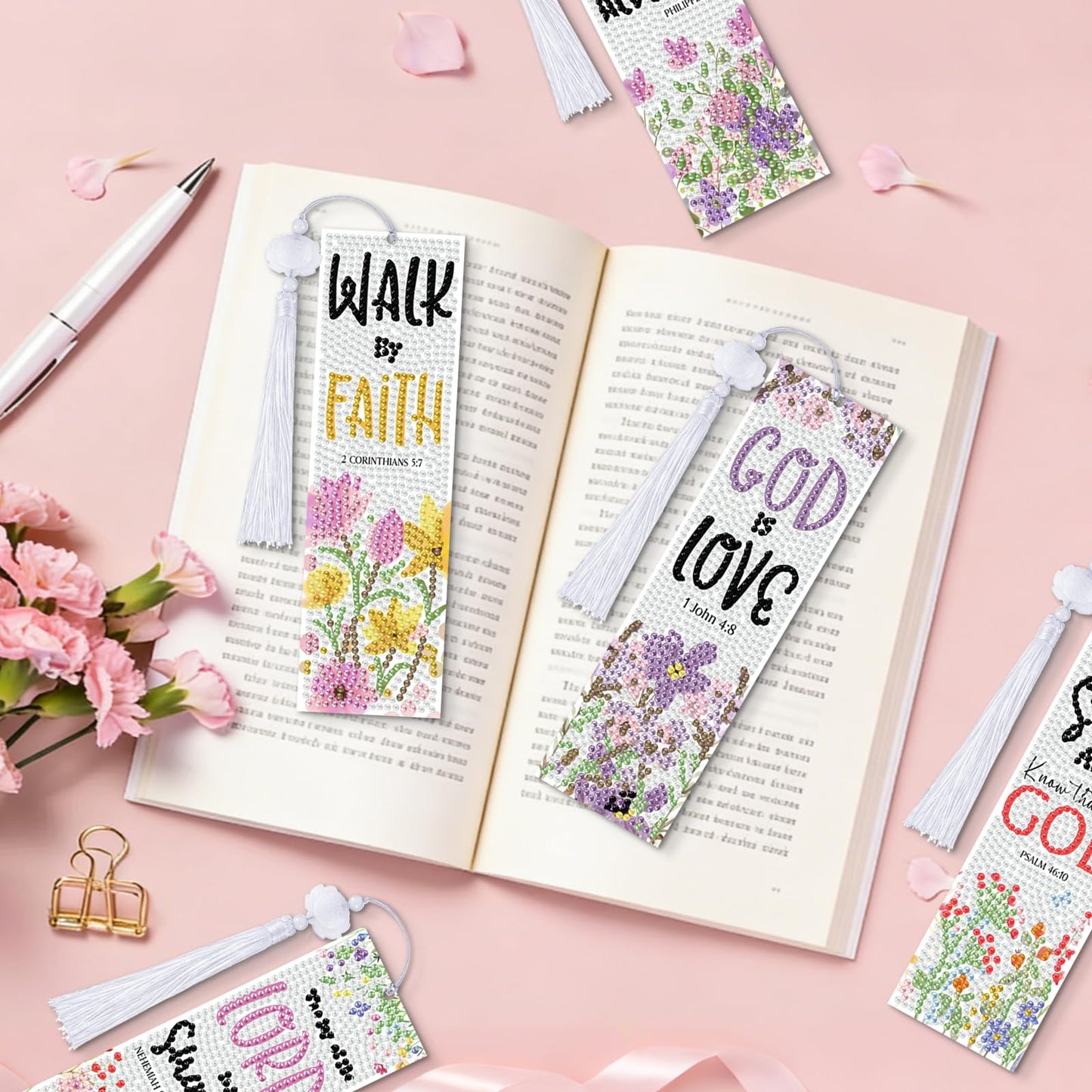 8 Pieces Christian Bible Verse Diamond Art Bookmarks 5d Christian Beaded Bookmark Acrylic Tassel Bookmark for DIY Making Beginners Kids Adults Arts Craft Supplies (Christian-1)