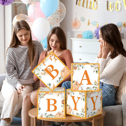 AmazingSpark 4 Pcs Little Pumpkin Baby Shower Boxes with Letters Fall Pumpkin Candy Box Decor with Letters Blocks Baby Shower Centerpiece for Party Backdrop