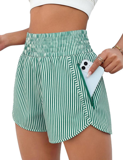 BMJL Women's Athletic Shorts High Waisted Running Short Pocket 2.5" Sporty Shorts Gym Elastic Workout Shorts(S,Green Striped)