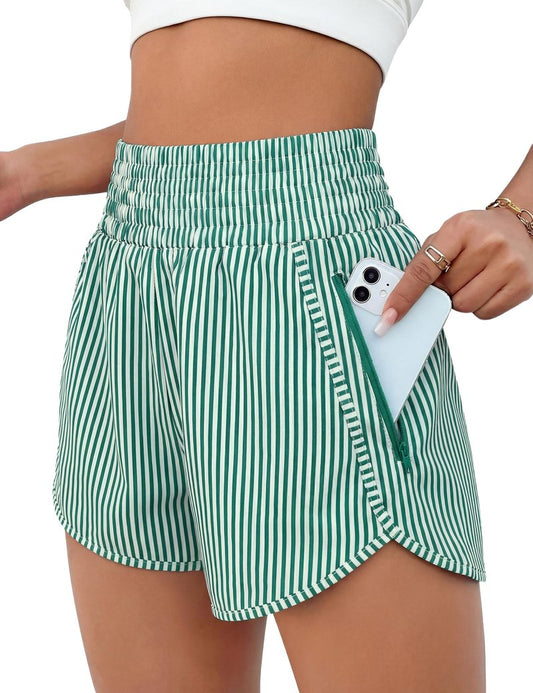 BMJL Women's Athletic Shorts High Waisted Running Short Pocket 2.5" Sporty Shorts Gym Elastic Workout Shorts(S,Green Striped)