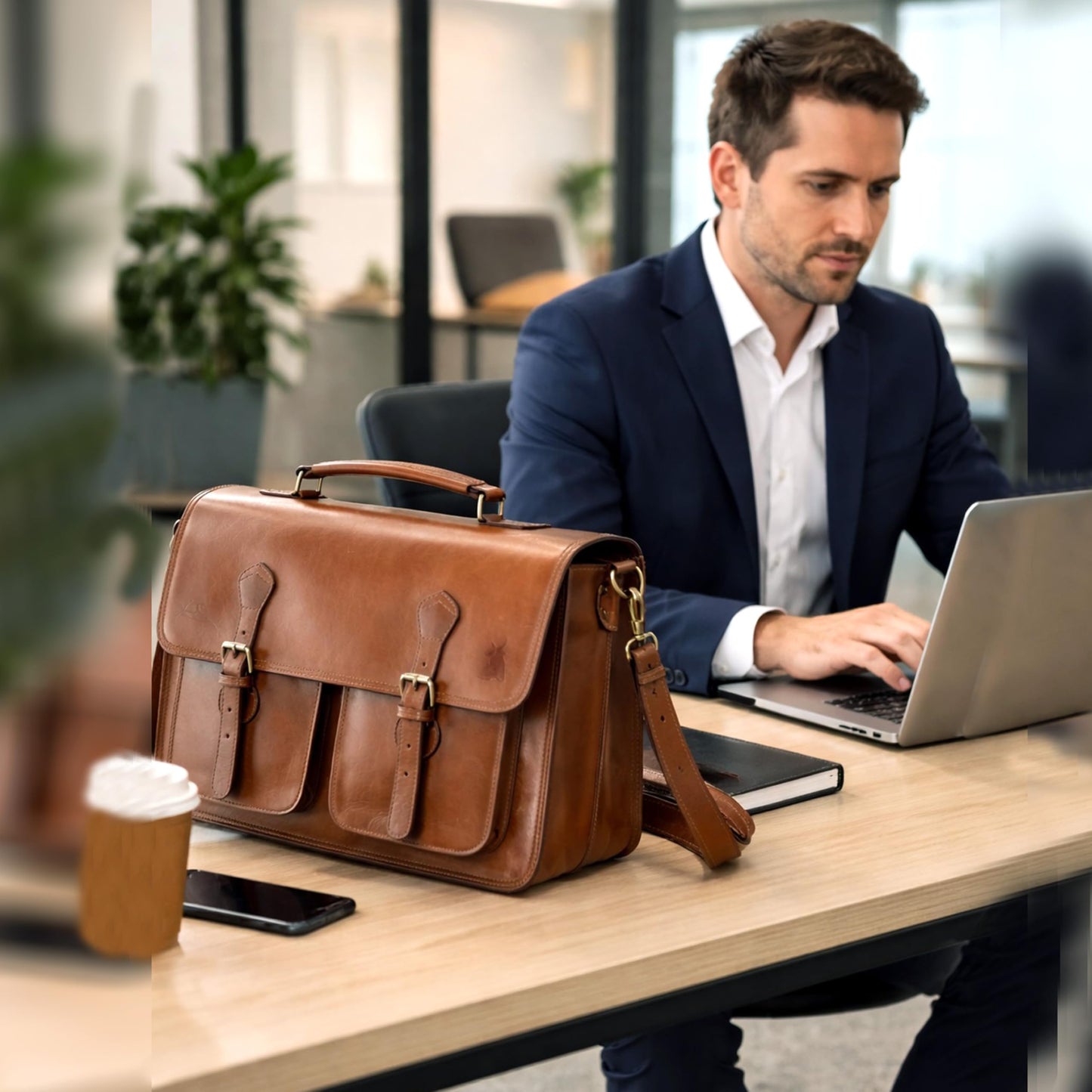 Leather Messenger Bag For Men - leather laptop bag briefcase for women - Mens Satchel Bag, 16 Inch Brown Genuine Buffalo Leather Computer Bag For Work
