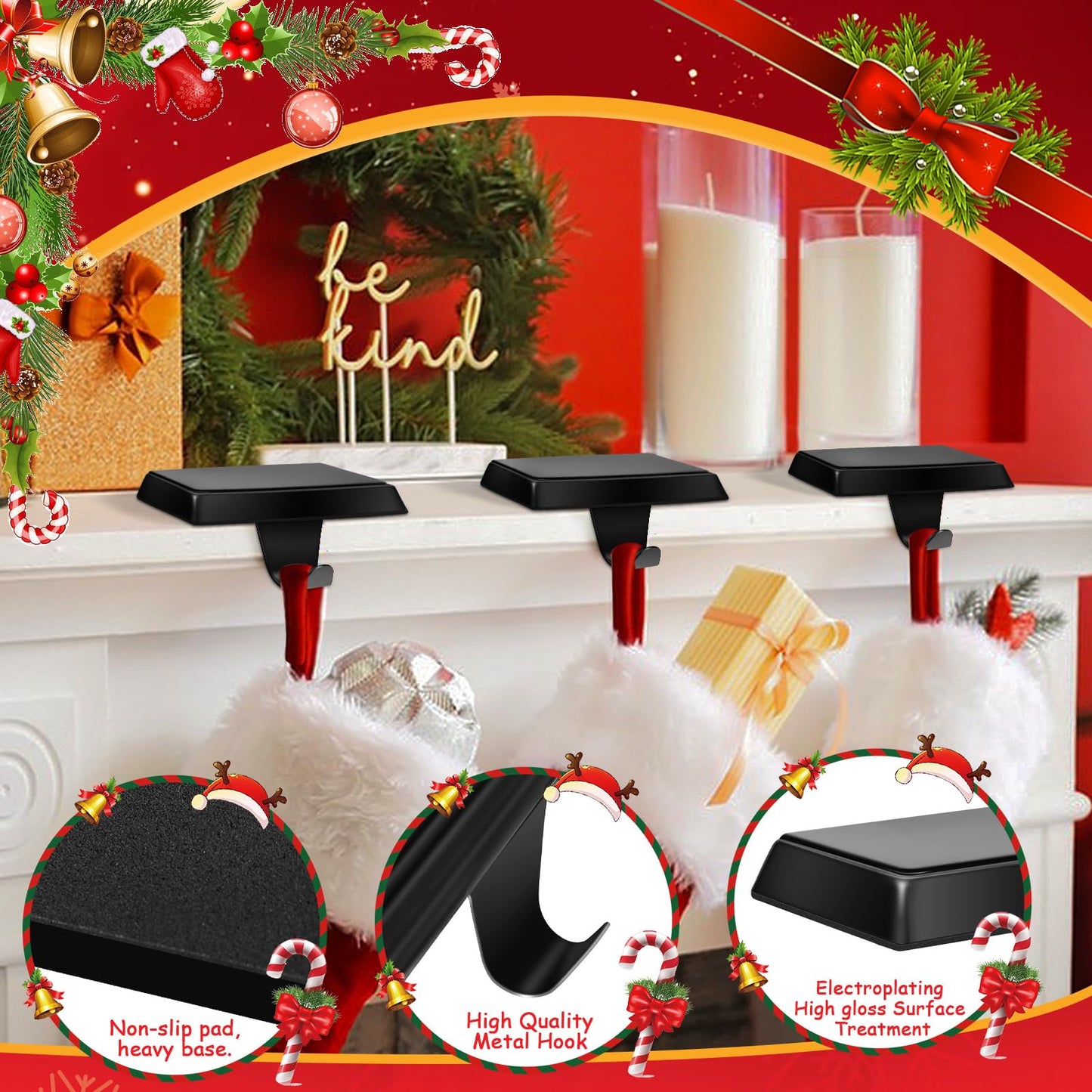 ToiULik Set of 4 Metal Christmas Stocking Holders for Mantle Heavy Duty Stocking Hangers Stocking Hook Christmas Ornaments for Counter Tables Window Fireplace Mantle Decoration(Black)