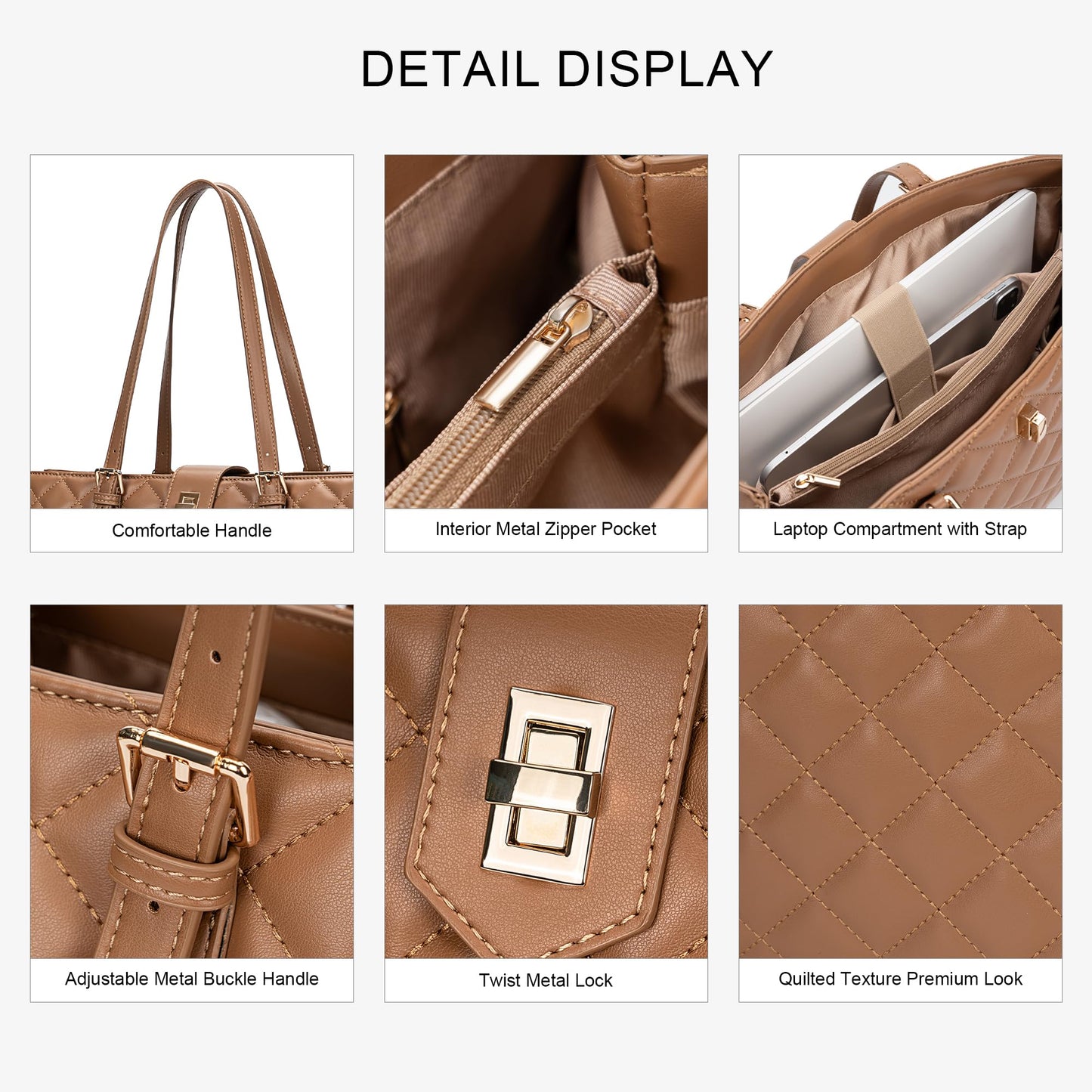 BAGOK Quilted Laptop Tote Bag for Women, Large Capacity Work Tote with Laptop Compartment & Multi Pockets, Fits 13-14" Laptop, Nurse & Teacher Work Bag for Office, Business & Daily Use（Brown）