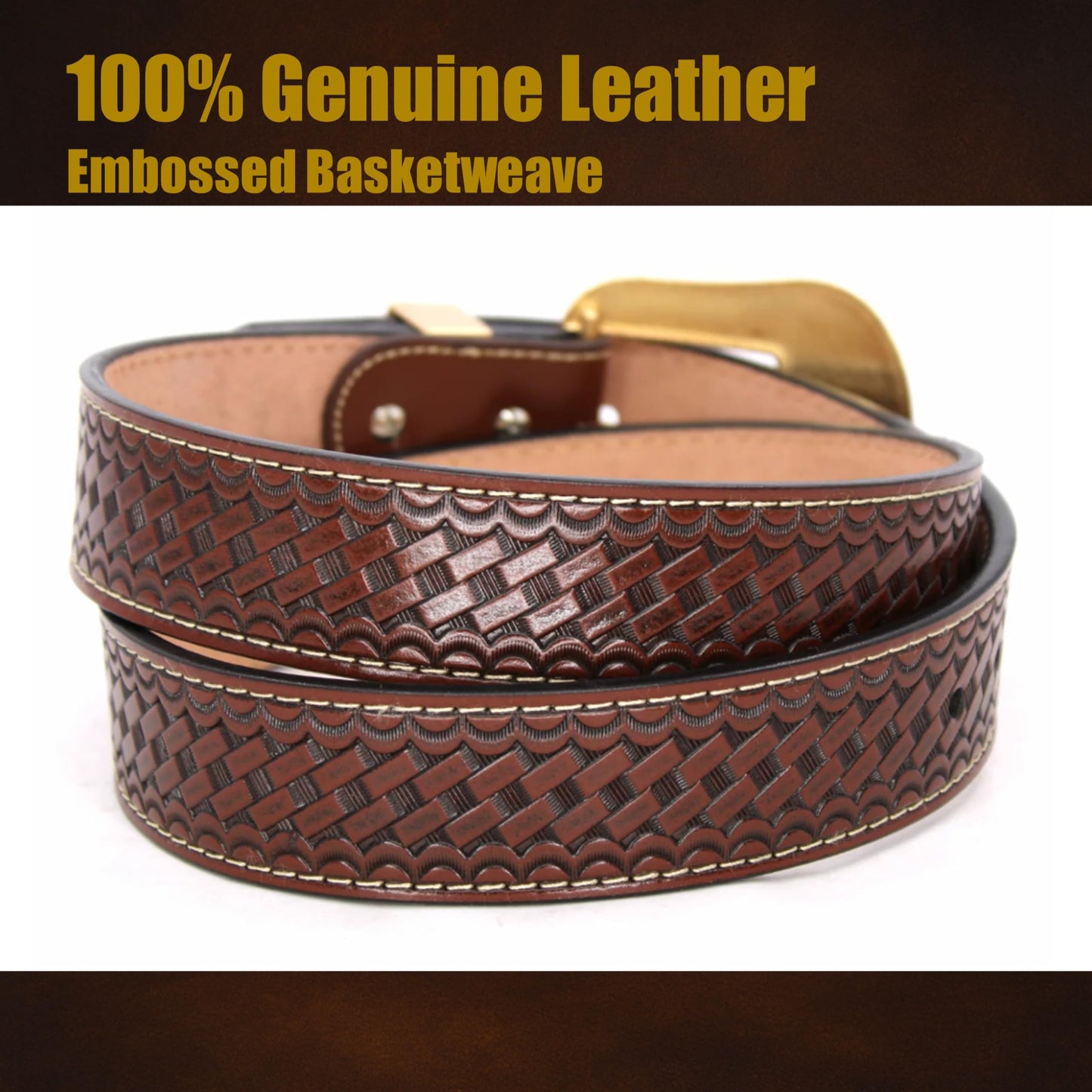 West Star Texas Cowboy Belt for Men - Genuine Leather Western Belt with Engraved Buckle, Country Rodeo Style (Coffee Basketweave, M)