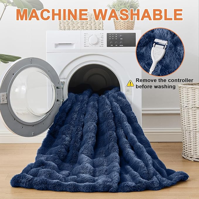 Heated Blanket Electric Throw Blanket 72''X 84''-Heating Blanket with 6 Heat Settings-10 Hours Auto Off,Cozy Faux Rabbit Fur Bubble Electric Blanket,Navy Blue