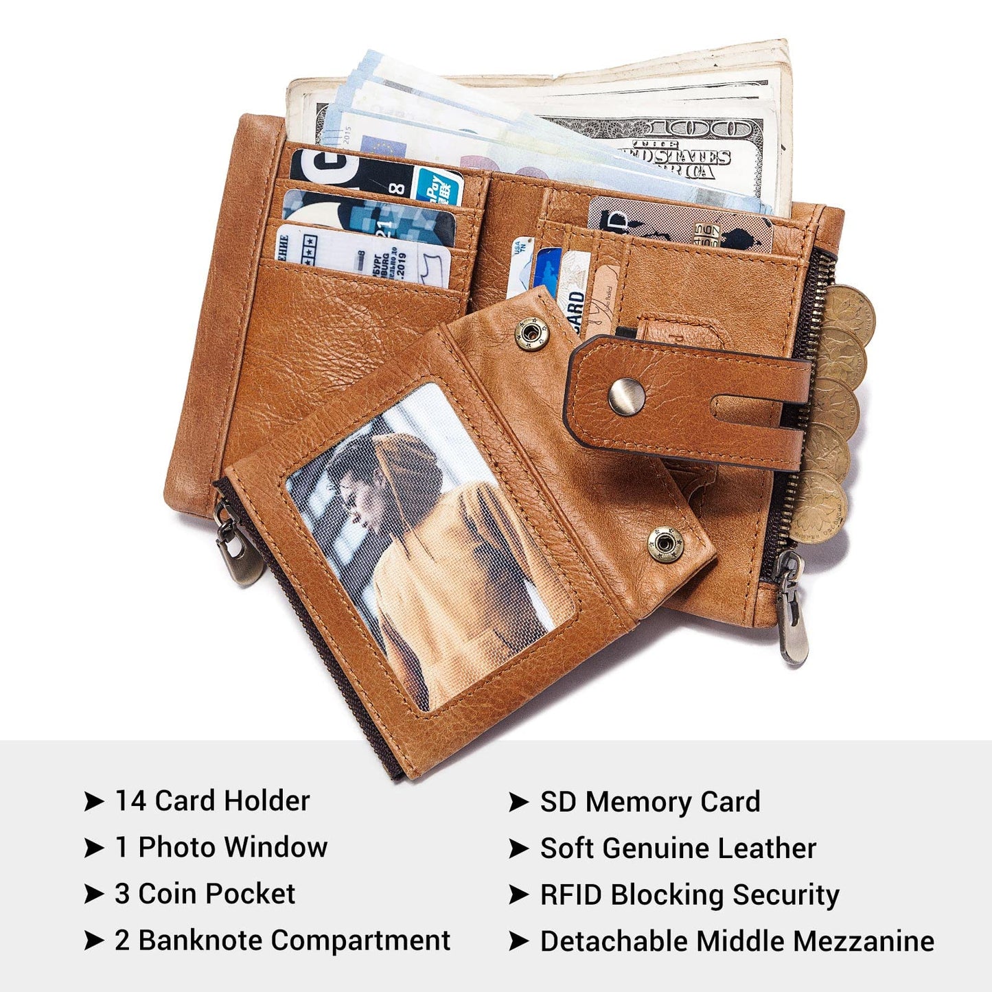 gzcz Mens Wallet with Chain RFID Blocking Genuine Leather Bifold Purse for Men ID Window and Zip Coin Pocket (Brown)