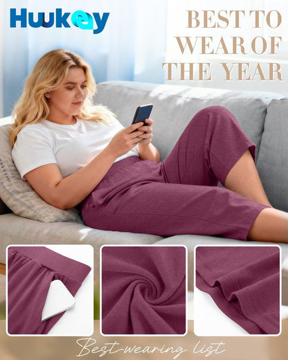 Huukeay 3 Pack Women's Plus Size Capri Pants Loose Fit Wide Leg Capris Sweatpants Summer High Waisted Yoga Pants with Pockets(Black, Blue, Wine Red,4X-Large)