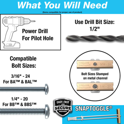 TOGGLER SNAPTOGGLE Heavy-Duty Drywall Toggle Bolt – 3/16"-24 UNC Zinc-Plated Anchor for Hollow Walls, Plaster & Tile – Holds 238 lbs in 1/2" Drywall, Easy Install – 10 Pack (with Bolts)