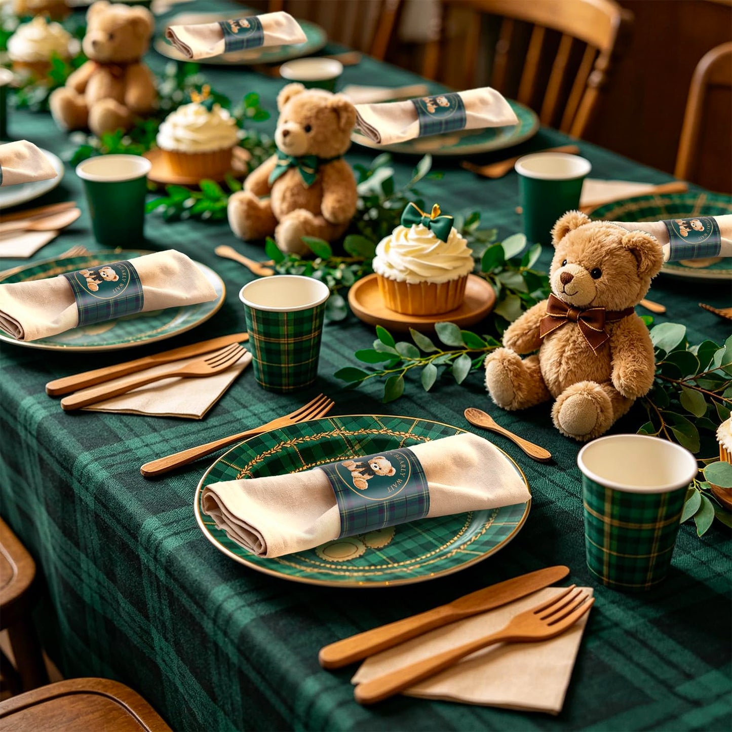 Whaline 200Pcs Tartan Plaid Bear Napkin Ring Cute Bear Self-Adhesive Napkin Holder Baby Shower Paper Dinner Table Ring for Birthday Gender Reveal Party Table Setting Decorations