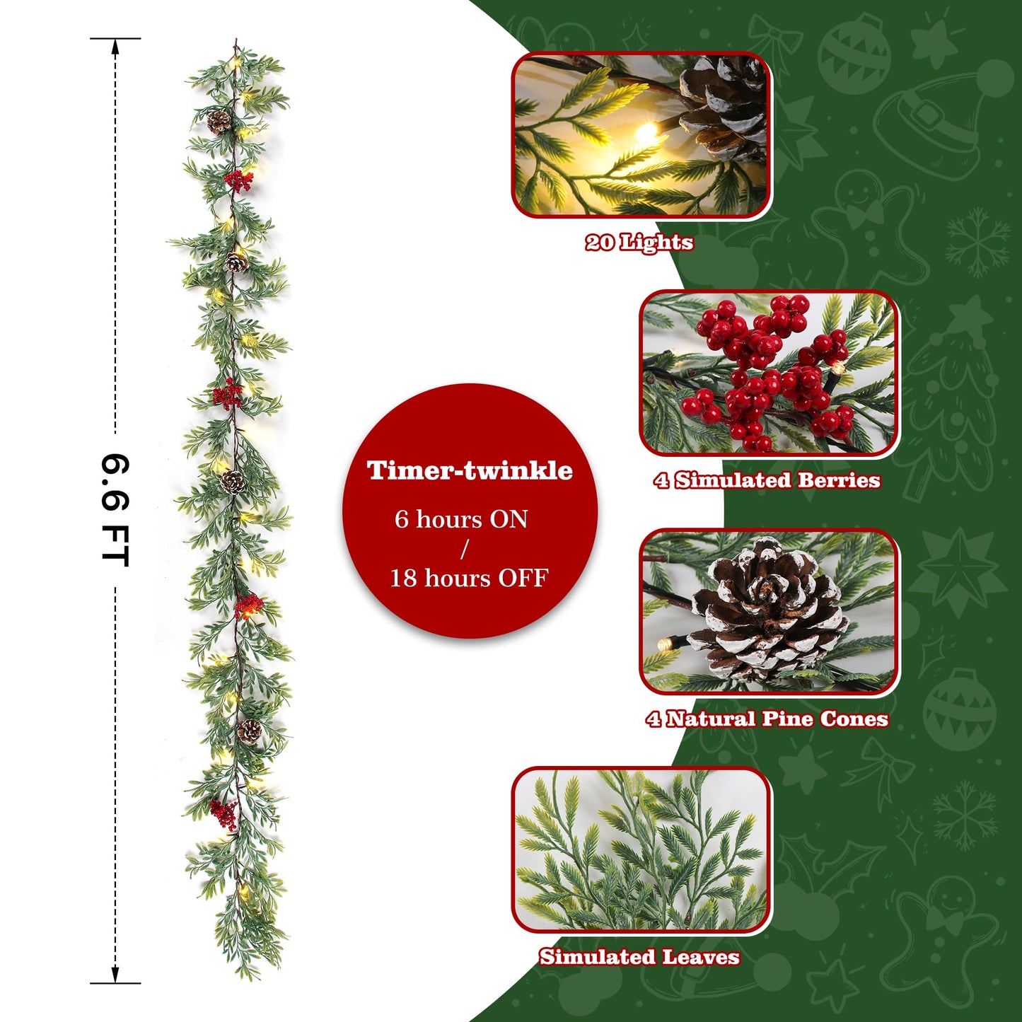 MINDELF 6 FT Artificial Christmas Garland, Faux Cypress Leaf Evergreen Garland with 20 LED Lights, Red Berries and Pinecones, Green-Yellow Leaves, Timer, Perfect for Indoor Outdoor Window Mantel