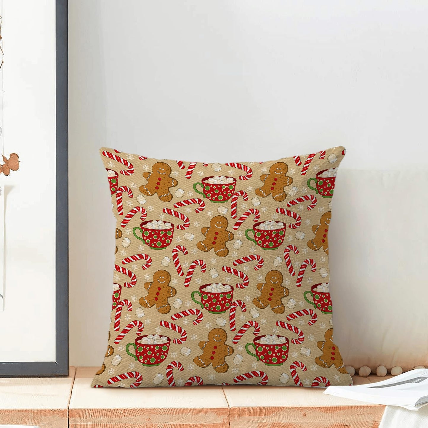 Christmas Pillow Covers 18 x 18 Inch Set of 2 Winter Brown Gingerbread Man Throw Pillows Outdoor Decorative Marshmallow Candy Xmas Pillowcases Linen Cushion Cases for Farmhouse Home Bed Sofa Couch