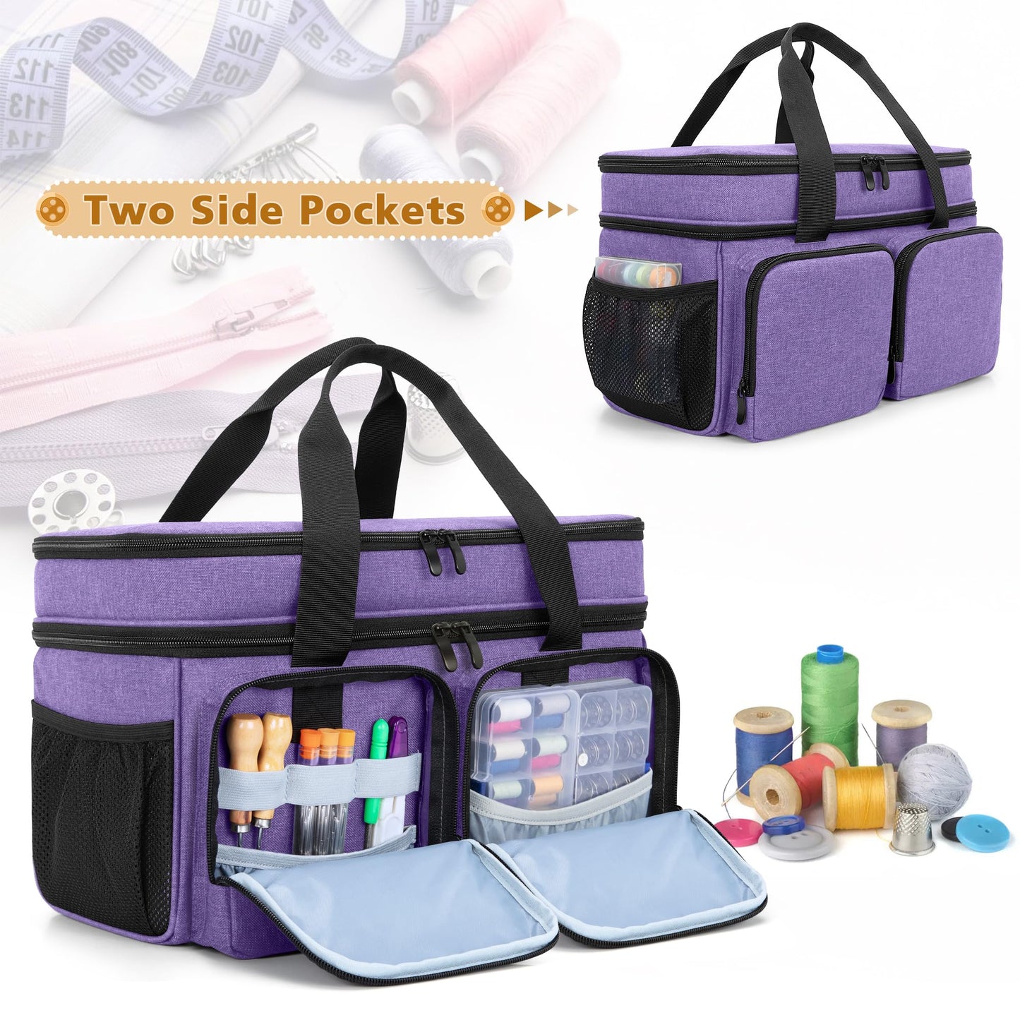 BAFASO Large Sewing Organizer Bag with an Individual Pouch and Detachable Dividers, 2 Layers Sewing Storage Bag for Sewing Supplies(Bag Only), Purple