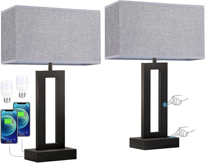 Seealle Nightstand Table Lamps for Bedrooms Set of 2 - Touch Bedside Lamp with USB C+A, 3 Way Dimmable Living Room End Tables 2, Modern Night Stand Bed Side Guest Room(Grey) B. Grey