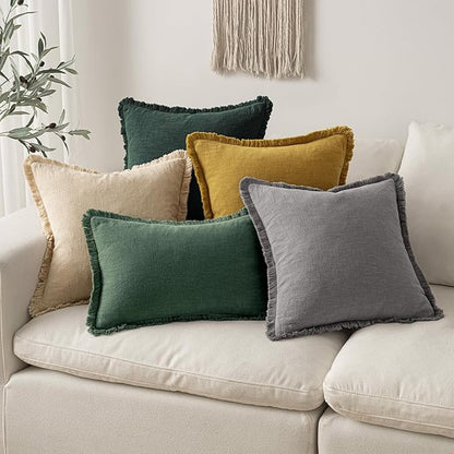 MIULEE Decorative Throw Pillow Covers Neutral Linen Fringe Throw Pillows Set of 2 Greyish Green Boho Farmhouse Cushion Covers with Tassels for Couch Sofa Bed Living Room Spring Home Decor 18x18 Inch