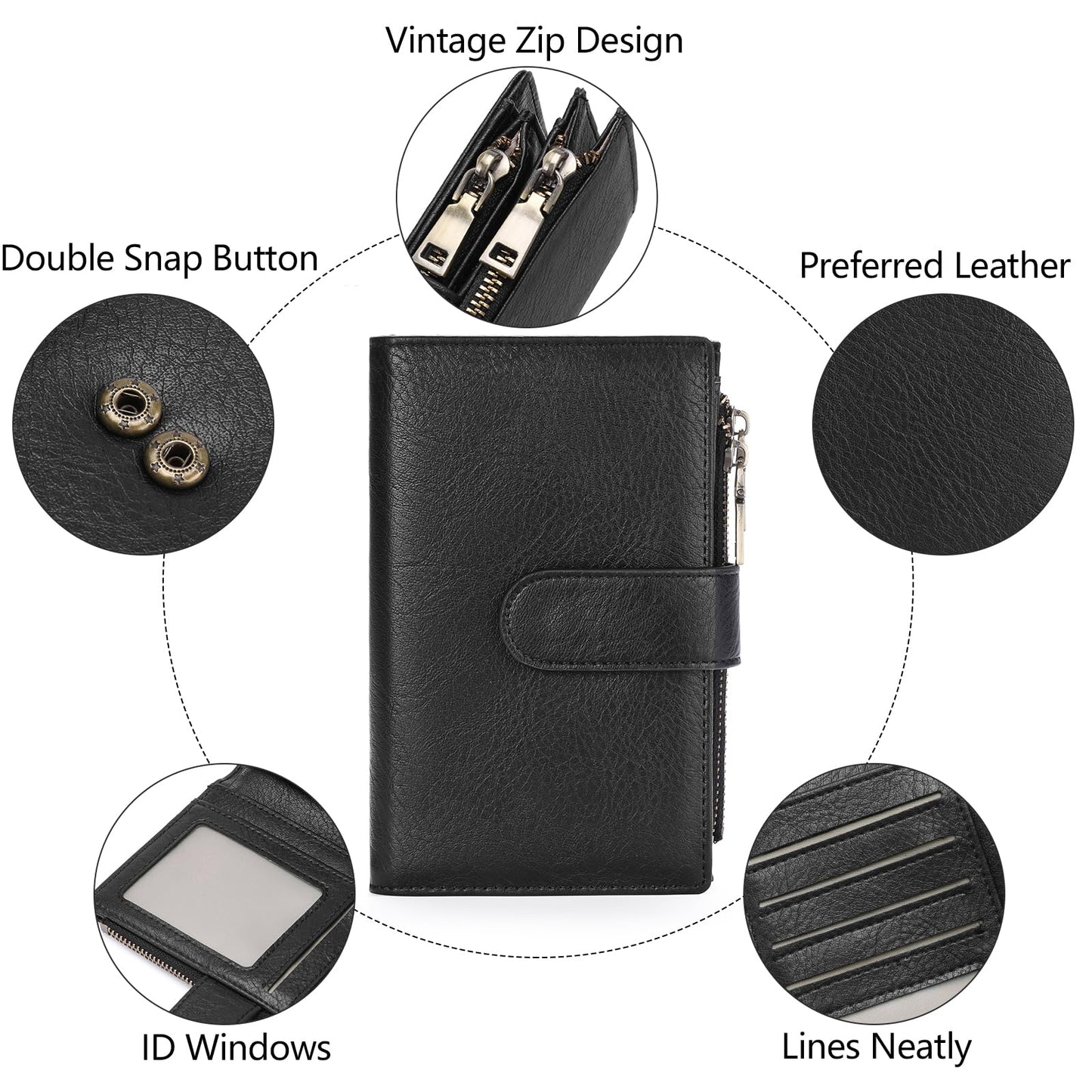GOIACII Womens Wallets RFID Blocking Leather Trifold Clutch Wallet Credit Card Holder Ladies Purse 3 ID Windows Black